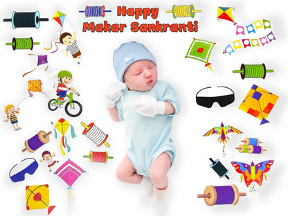 Baby in blue outfit surrounded by colorful Makar Sankranti decorations on a white background