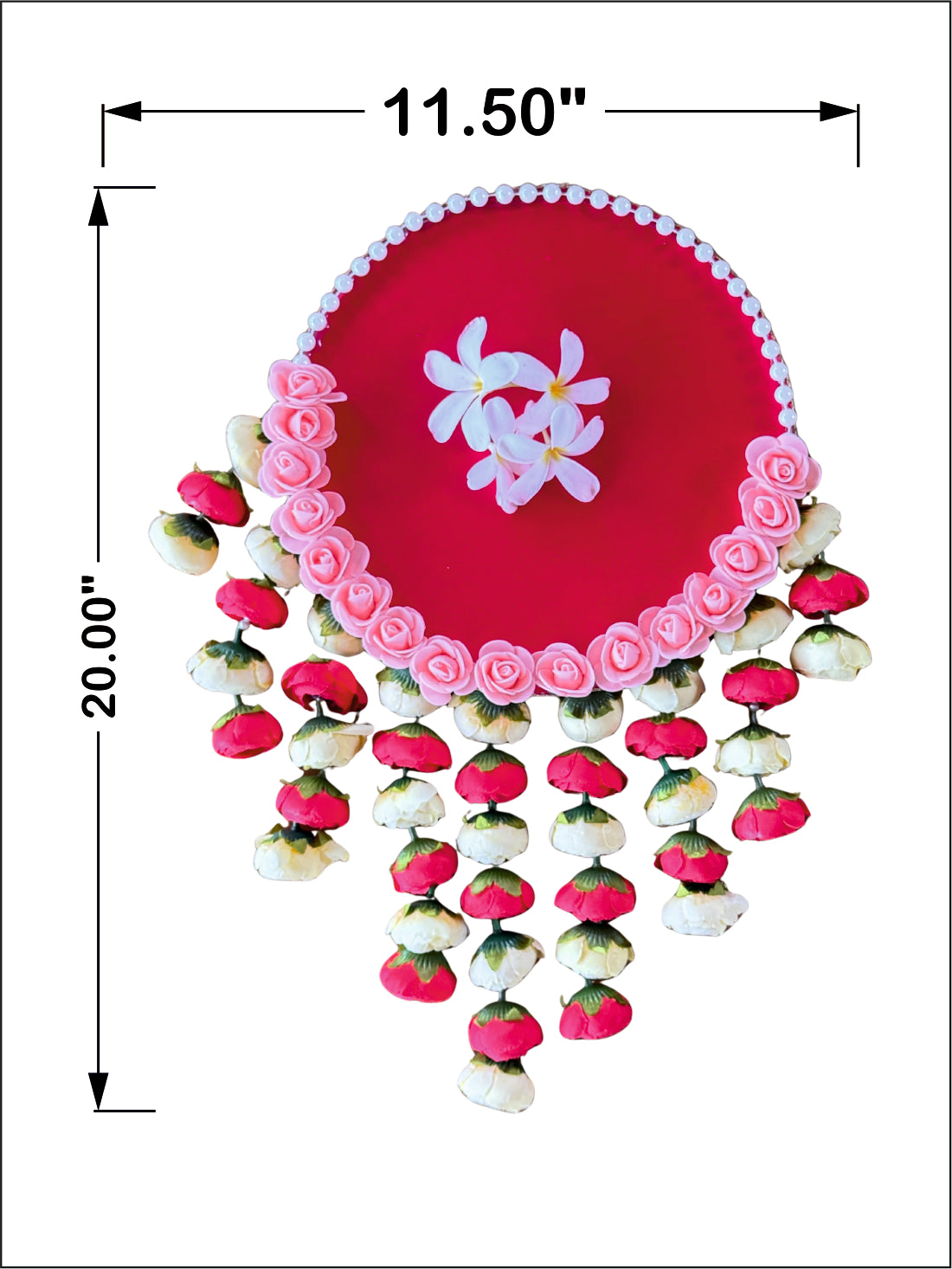 Smaran Cultural Festive Round Pooja Thali – Handmade Red Decorative Platter with Pearl & Rose Embellishments and Hanging Floral Latkan, Traditional Handcrafted Aarti Plate