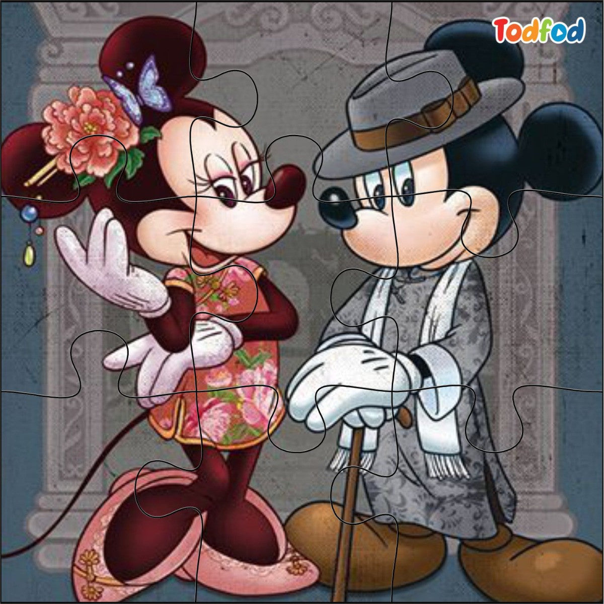 Cartoon characters in traditional outfits with a decorative background