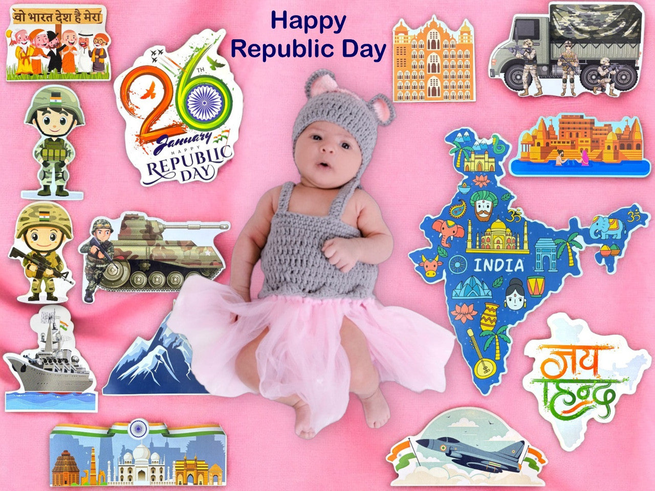 Baby in a gray outfit with 'Happy Republic Day' graphics on a pink background