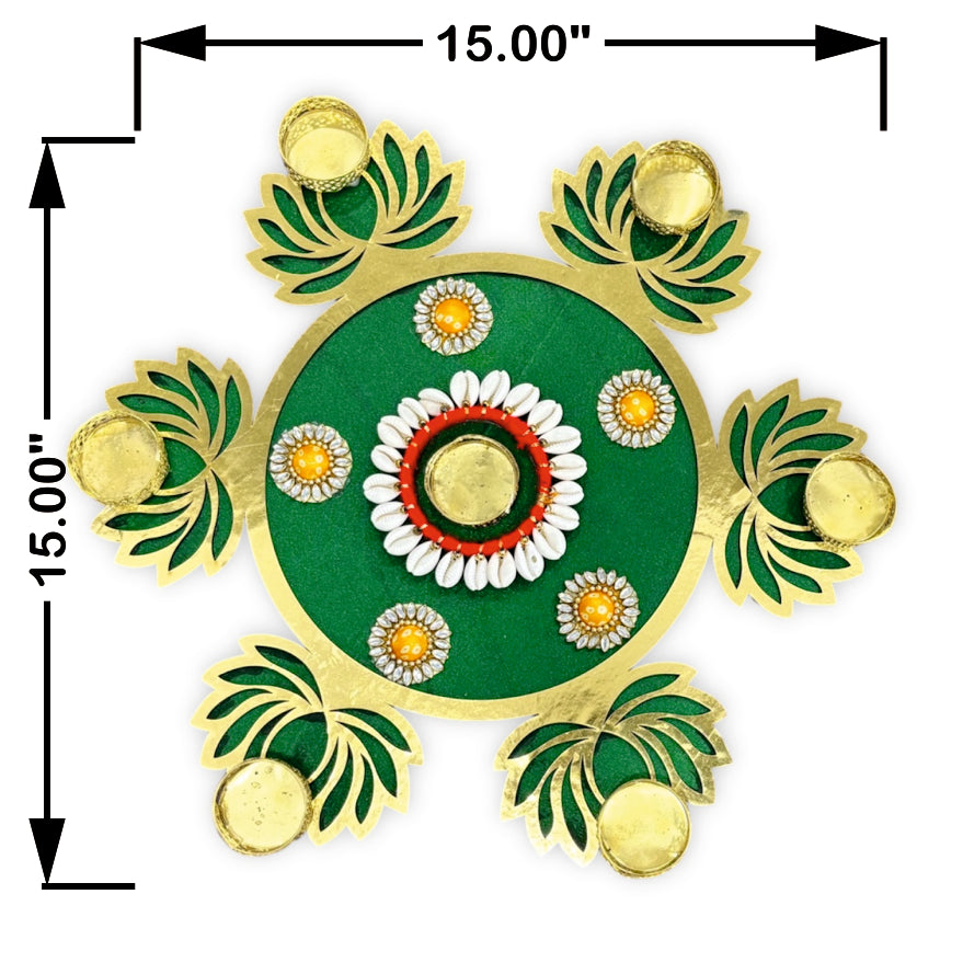 Decorative green and gold Rangoli design with measurements on a white background