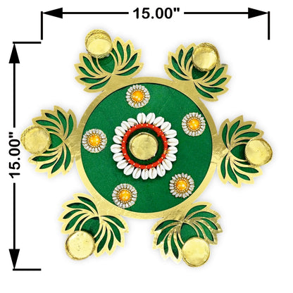 Decorative green and gold Rangoli design with measurements on a white background