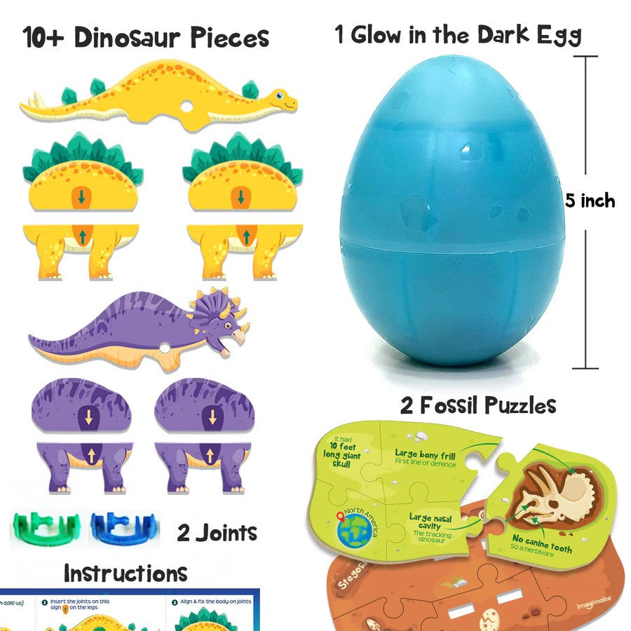 Dinosaur toy set with pieces, a glow-in-the-dark egg, and puzzles on a white background.