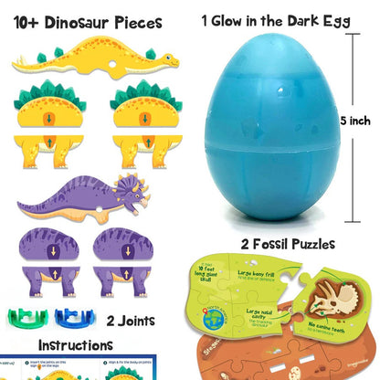 Dinosaur toy set with pieces, a glow-in-the-dark egg, and puzzles on a white background.