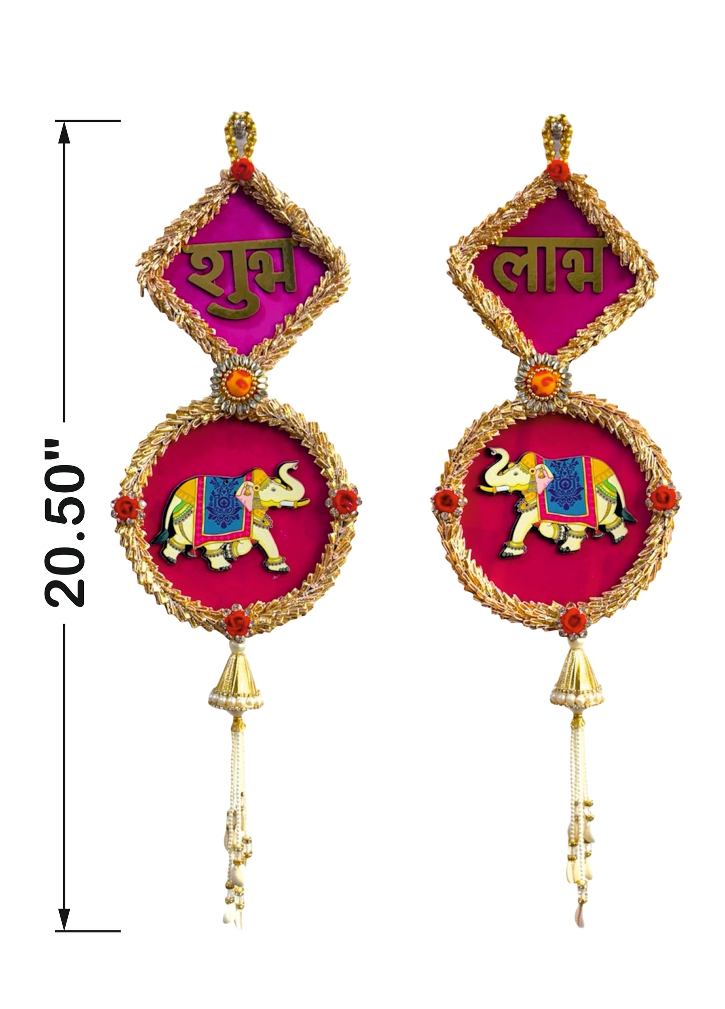 Smaran Handmade Peony Rose & Beaded Floral Latkan – Artificial Flower Tassel for Mandir Decoration, Festive Door Hanging, Wedding Backdrop, Home Temple Decore (Square Shubh Labh Hanging)