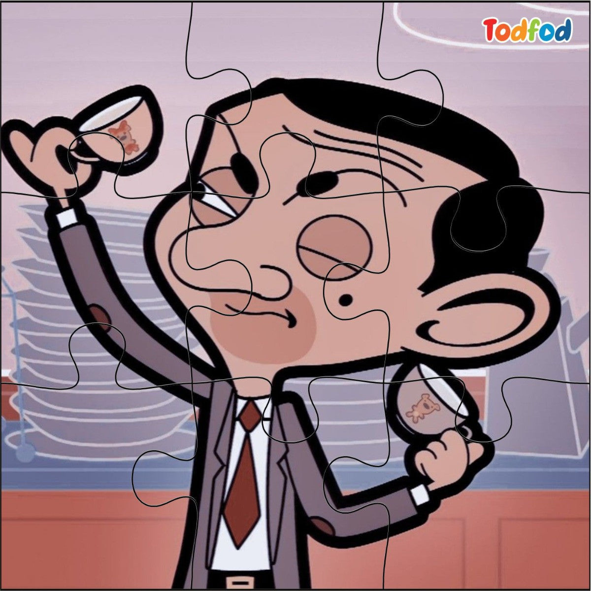 Cartoon character holding a magnifying glass with a blurred background