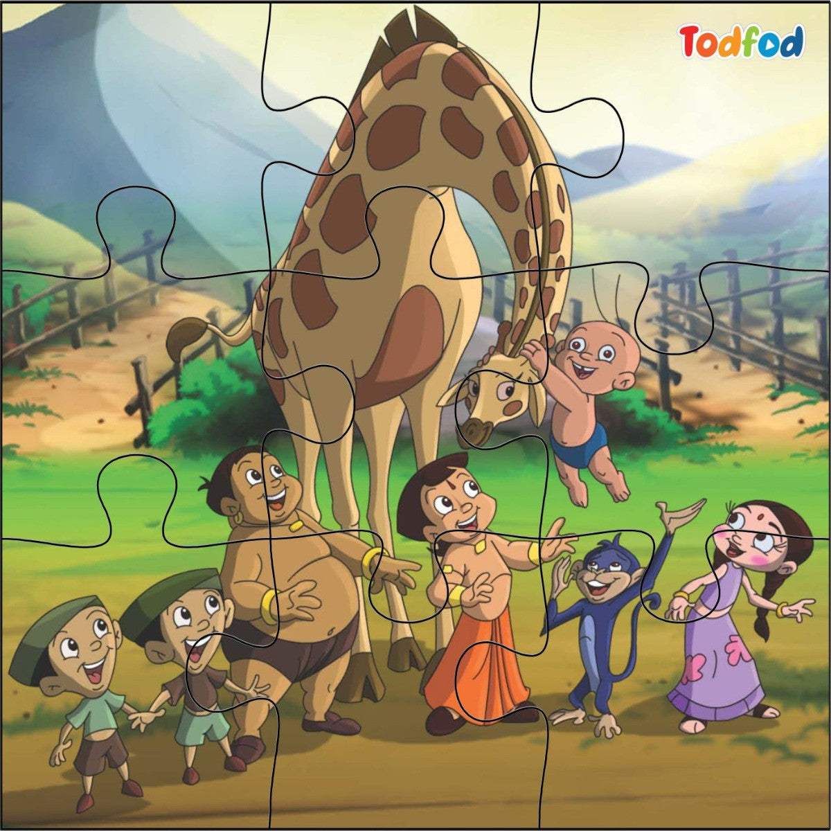 Children's puzzle with cartoon characters and a giraffe, featuring the Todfod brand.