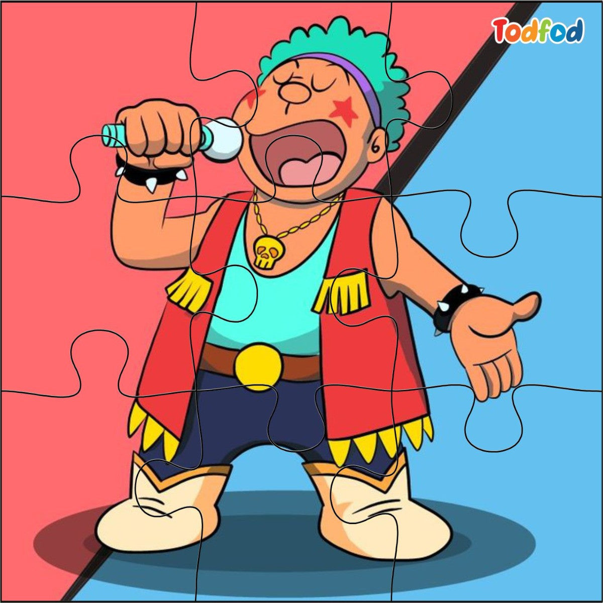 Cartoon character with a red jacket and blue shorts holding binoculars on a puzzle background
