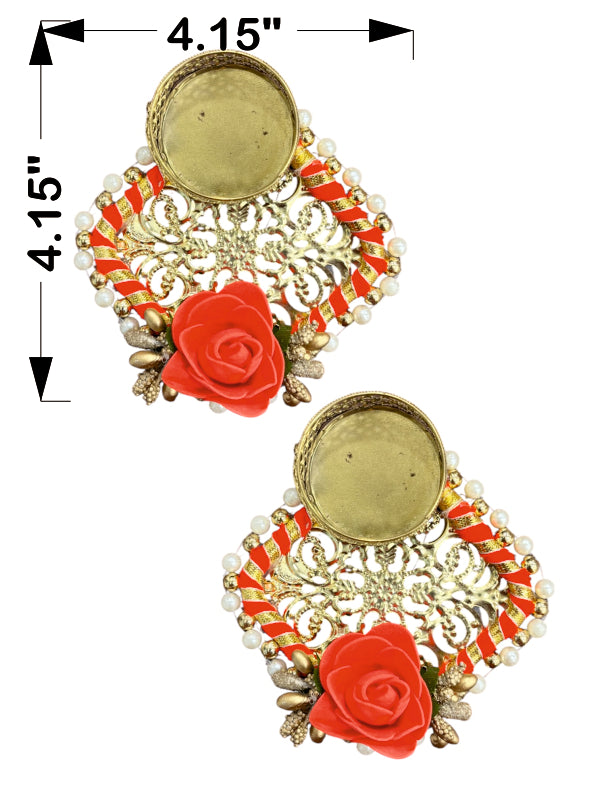 Smaran Handmade Elegant Candle Holder Set of 2 for Festivals, Weddings, Pooja Room & Home Décor, Traditional Indian Decorative Tealight Candle Set (Red Square Tealight Diya Pair with Flower Design)
