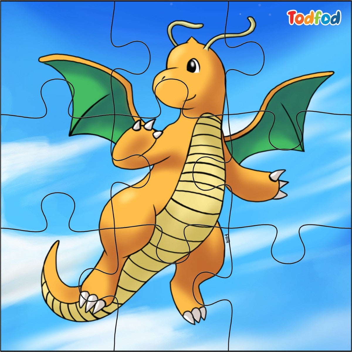 Children's puzzle with a cartoon dragon against a blue sky background, featuring the Todfod brand.