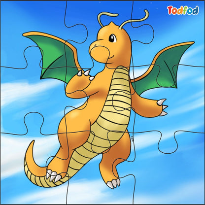 Children's puzzle with a cartoon dragon against a blue sky background, featuring the Todfod brand.