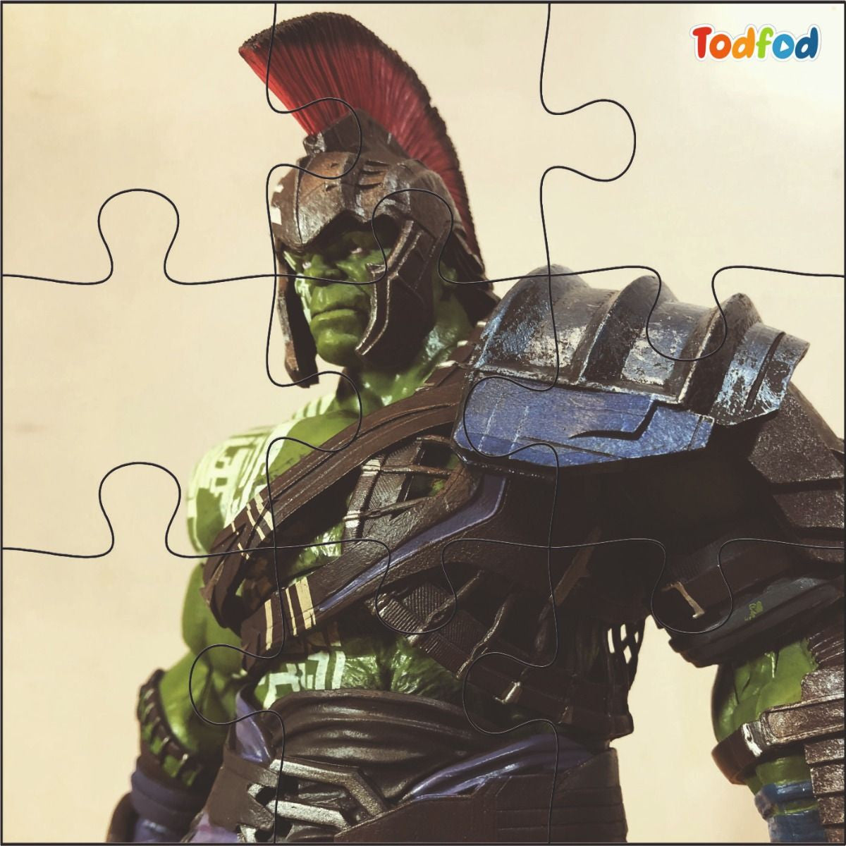 Puzzle with a character in armor and helmet on a beige background, featuring the brand 'Todfod'.