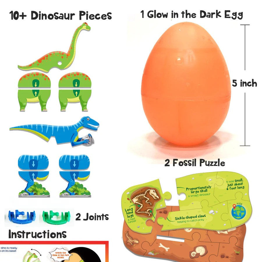 Dinosaur toy set with glow-in-the-dark egg, dinosaur pieces, and puzzles on a white background.