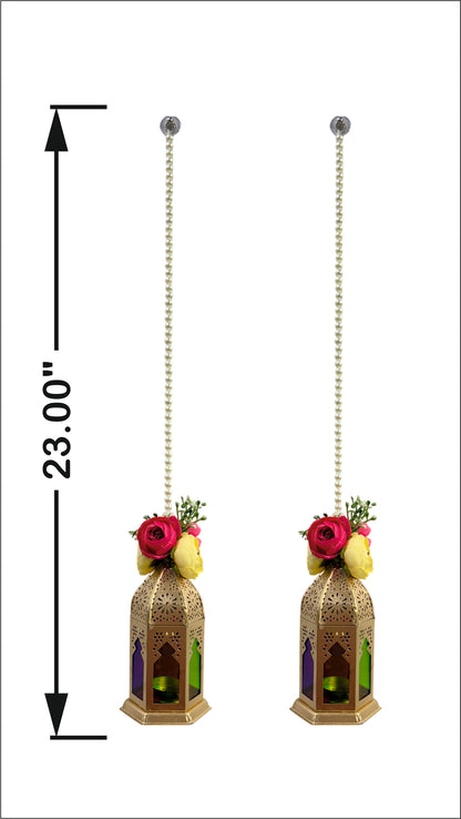 Smaran Cultural Hanging Latkan Pair with Tealight Holders – Handmade Traditional Decorative Hanging with Beads & Embellishments for Home, Main Door, Pooja Room, Mandir
