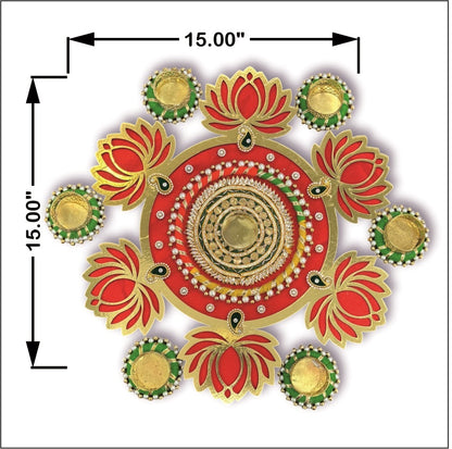 Smaran Red Lotus Diya Rangoli Set with Pearl (Moti) Diya Holders – Festive Floor Decor for Diwali & Mandir-Handmade Festive Decor for Pooja & Diwali