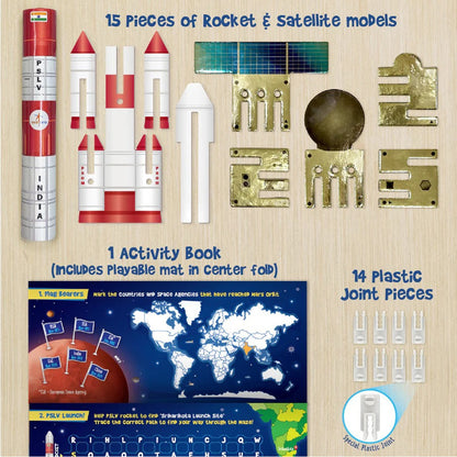 Educational kit with rocket and satellite models, activity book, and plastic joint pieces on a wooden surface.