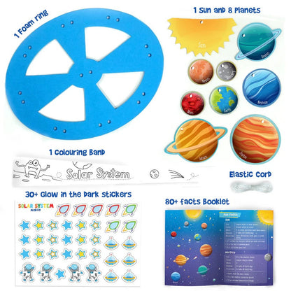 Solar system-themed educational kit with foam ring, stickers, and facts booklet.