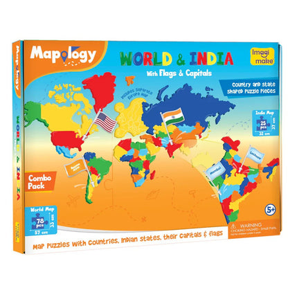 Mapology World & India map puzzle packaging with colorful world map illustration.