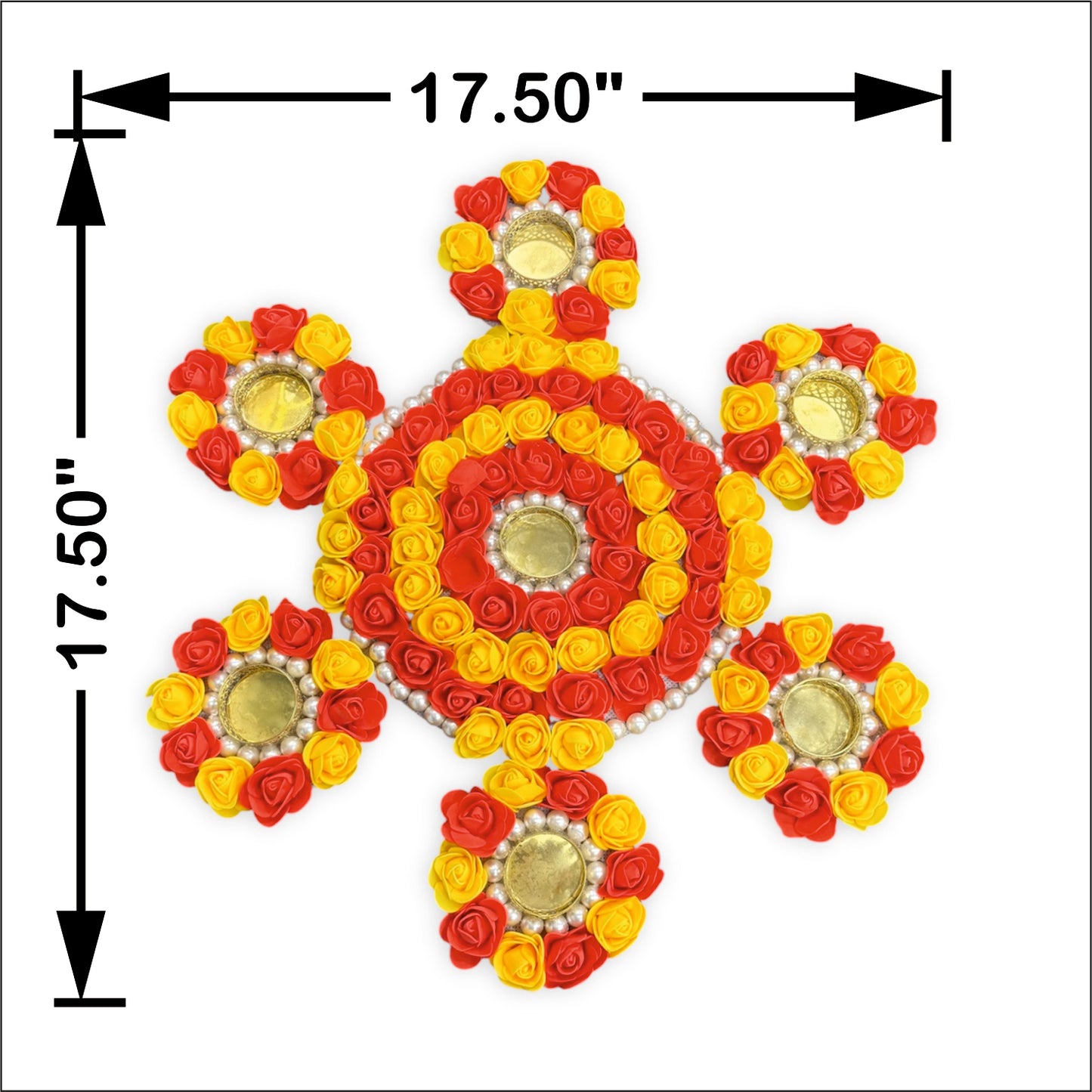 Decorative design with red and yellow elements on a white background, showing measurements.