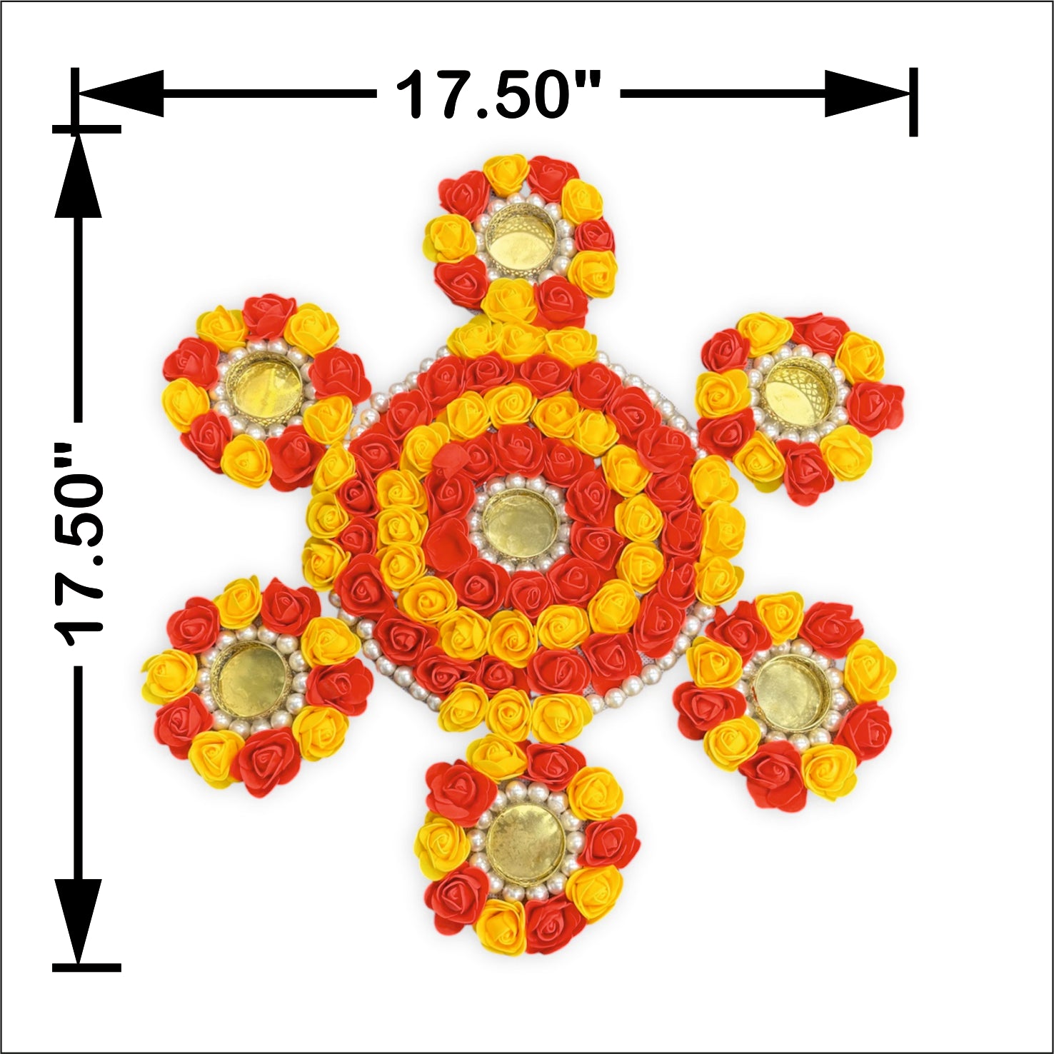 Decorative design with red and yellow elements on a white background, showing measurements.