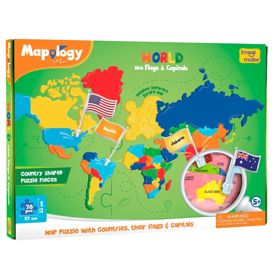 Mapology world map puzzle packaging with colorful world map design