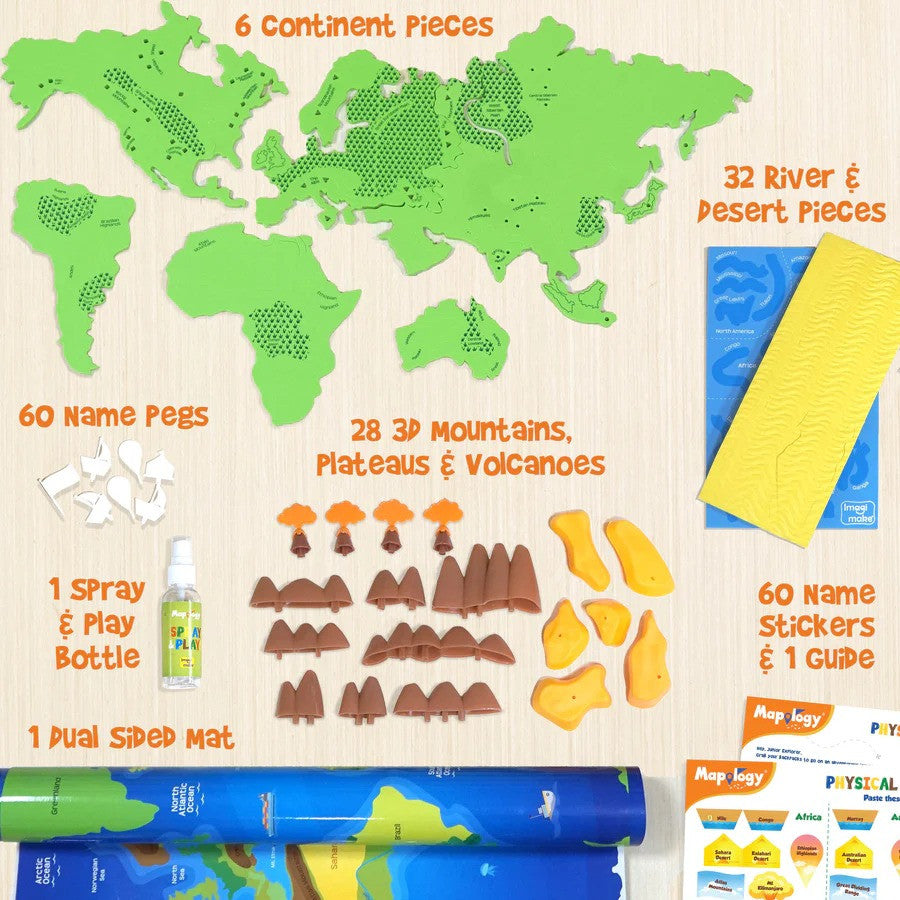 World map educational toy set with various components on a wooden surface