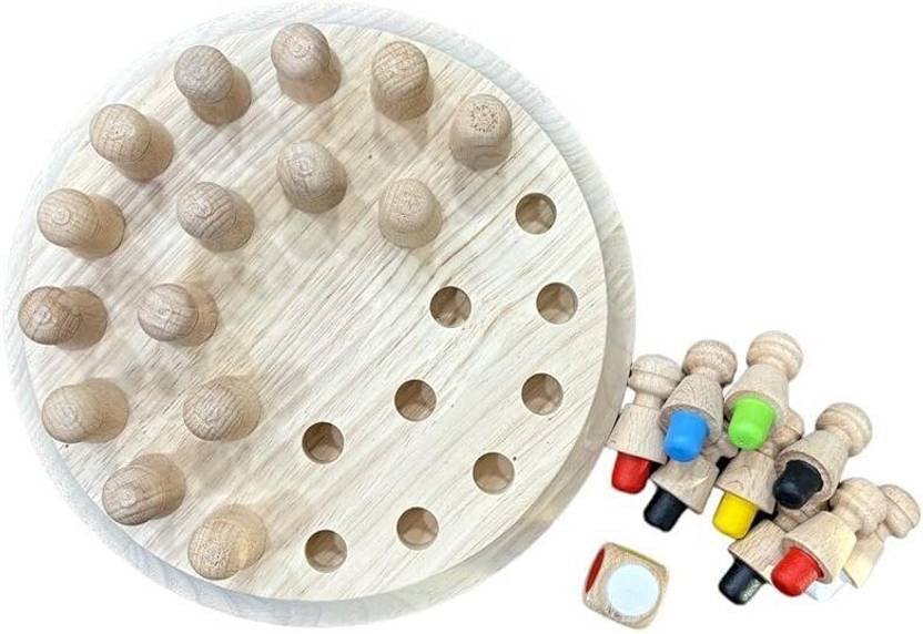 Wooden pegboard with colorful wooden pegs on a white background