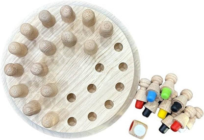 Wooden pegboard with colorful wooden pegs on a white background