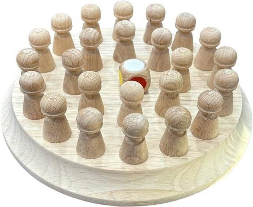 Wooden game pieces on a circular wooden board with a central round piece.