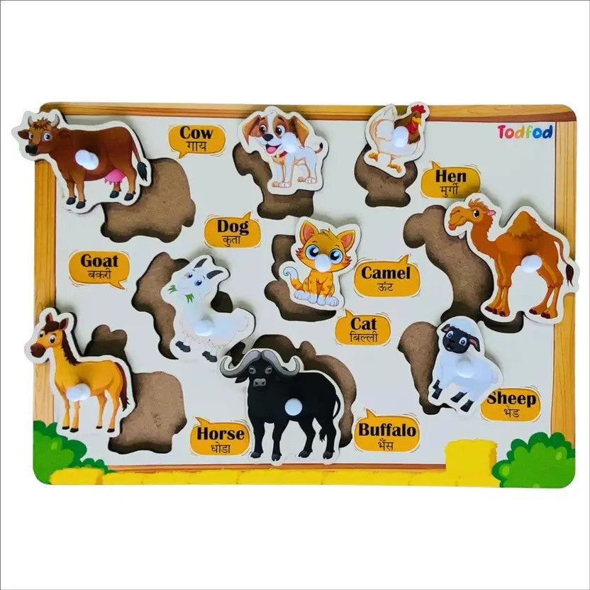 Wooden puzzle with animal figures and labels on a white background