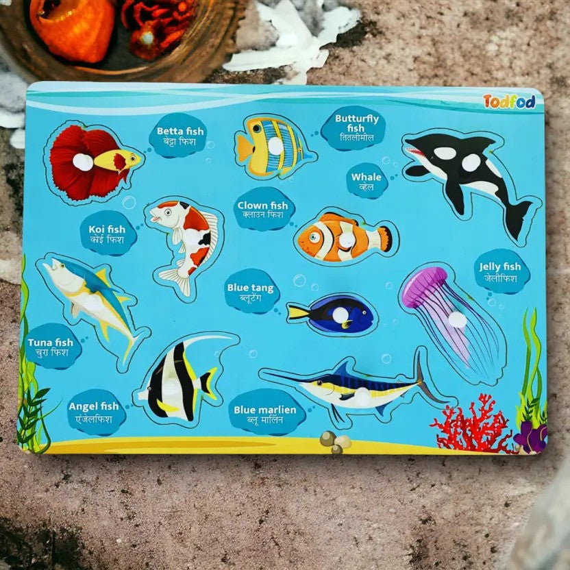 Children's educational puzzle with fish illustrations on a blue background