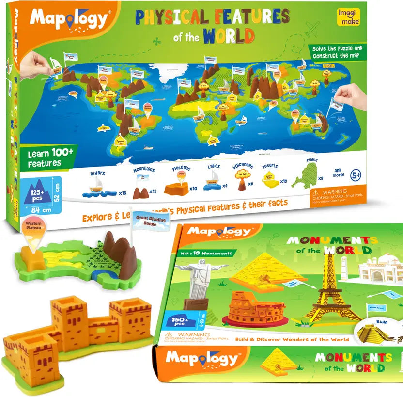 Mapology educational toy set with world map and monuments of the world packaging.