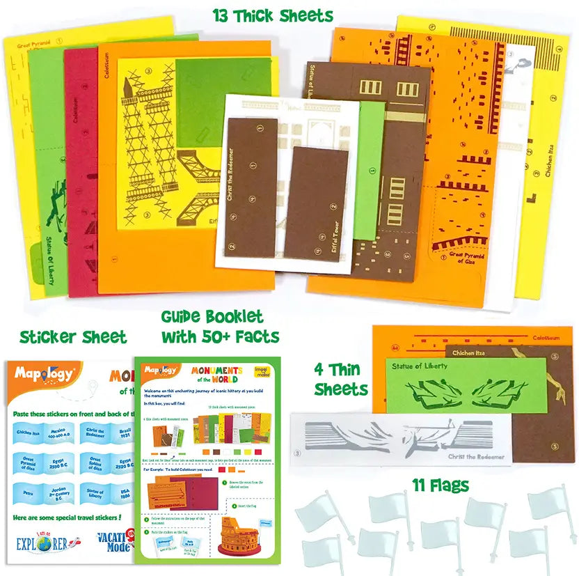 Educational materials including thick sheets, a guide booklet, a sticker sheet, and flags on a white background.