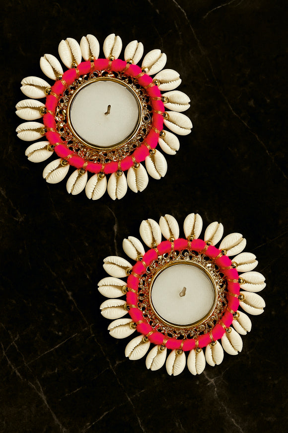 Smaran Cowrie Shell Ring Tealight Holder Set of 2 – Handmade Traditional Decorative Candle Holder Pair with Cowrie Shell Embellishments for Diwali, Navratri, Weddings, Pooja Room, Mandir