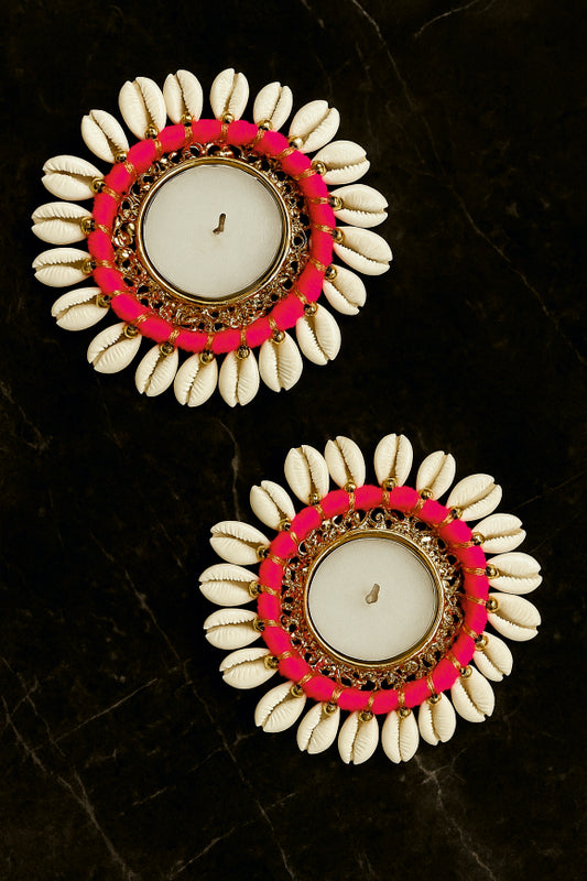 Smaran Cowrie Shell Ring Tealight Holder Set of 2 – Handmade Traditional Decorative Candle Holder Pair with Cowrie Shell Embellishments for Diwali, Navratri, Weddings, Pooja Room, Mandir