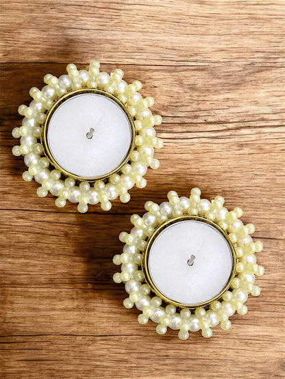 Smaran Pearl Ring Tealight Candle Holder – Handmade Decorative Diya Set of 1 for Festivals, Weddings, Pooja Room & Home Décor, Traditional Indian Elegant Candle Holder