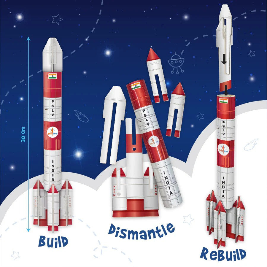 Model rocket set with 'Build', 'Dismantle', and 'Rebuild' stages on a space-themed background.