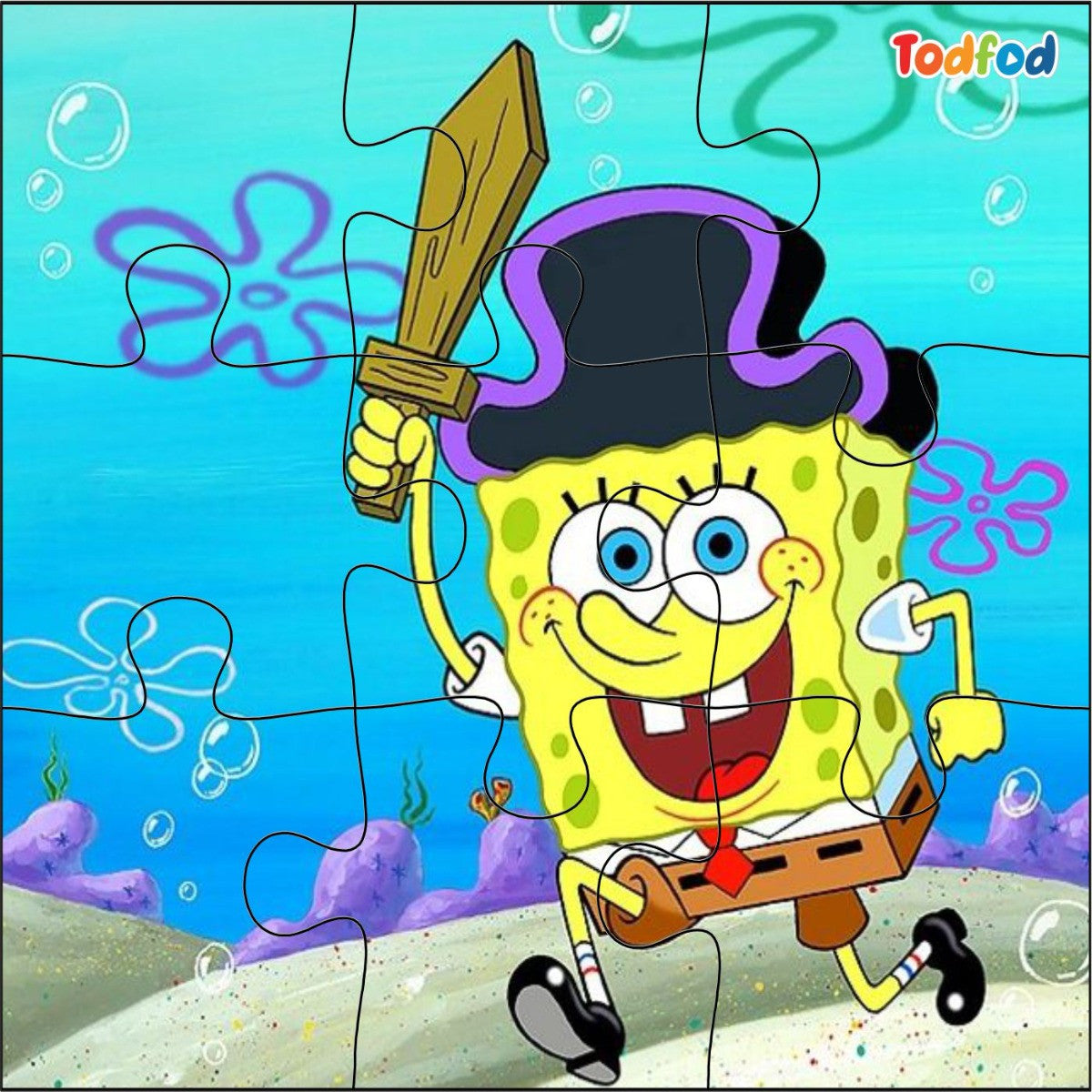 SpongeBob SquarePants character in a puzzle with a blue underwater background