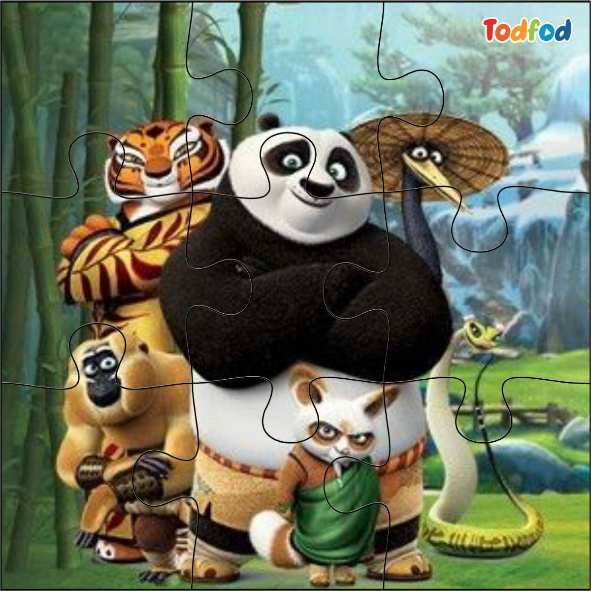 Animated characters from Kung Fu Panda in a forest setting with bamboo and mountains.