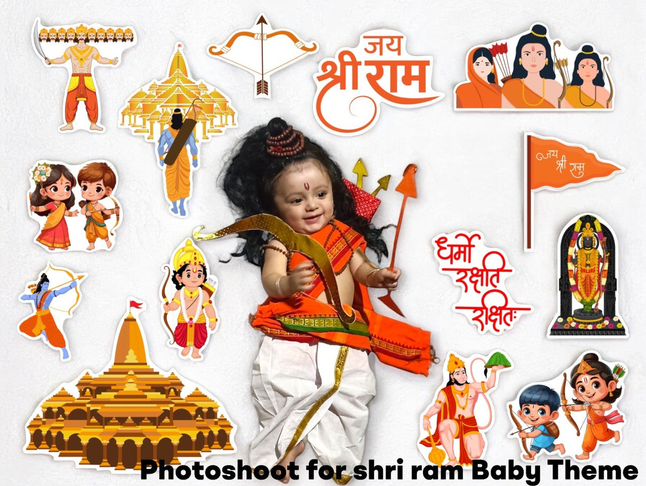 Child in Shri Ram costume surrounded by illustrations and text related to Shri Ram theme.