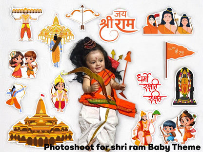 Child in Shri Ram costume surrounded by illustrations and text related to Shri Ram theme.