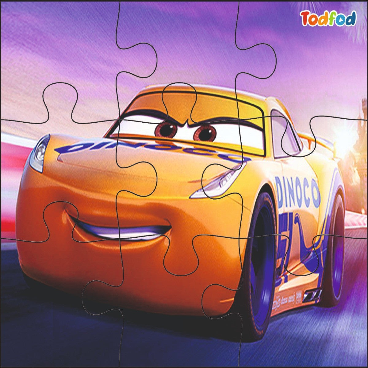 Jigsaw puzzle of a cartoon car with 'Dinoco' branding on a colorful background