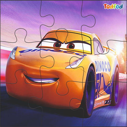 Jigsaw puzzle of a cartoon car with 'Dinoco' branding on a colorful background