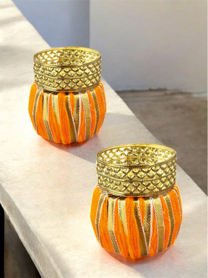 Smaran Drum Inspired Decorative Tealight Holder Pair – Handmade Traditional Festival Candle Holder Set of 2 with Ethnic Drum Design for Diwali, Navratri, Weddings, Pooja Room