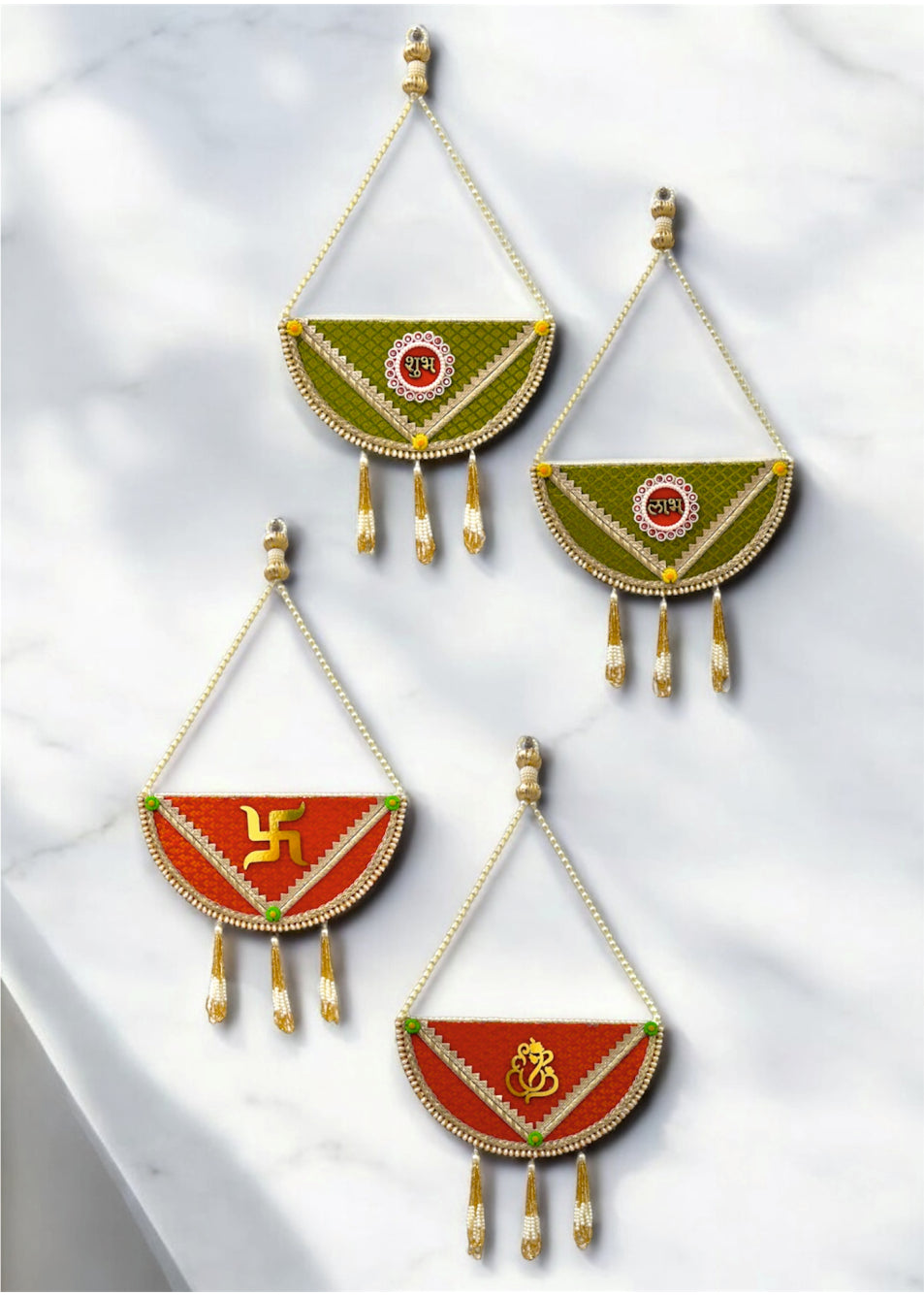 Smaran Half-Moon Shubh Labh Toran with Beads – Handmade Traditional Decorative Hanging with Green & Gold Accents for Main Door, Wall, Pooja Room, Mandir, Festivals, Weddings