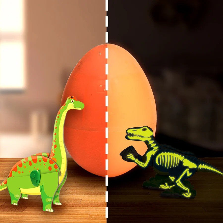 Hatching dinosaur egg with a cartoon-style dinosaur and its skeleton on a wooden surface.