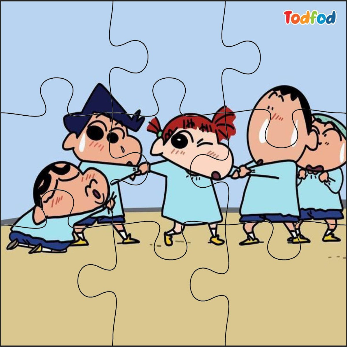 Cartoon characters from Crayon Shinchan in a puzzle format with 'Todfod' branding.