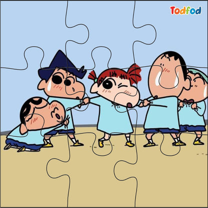 Cartoon characters from Crayon Shinchan in a puzzle format with 'Todfod' branding.