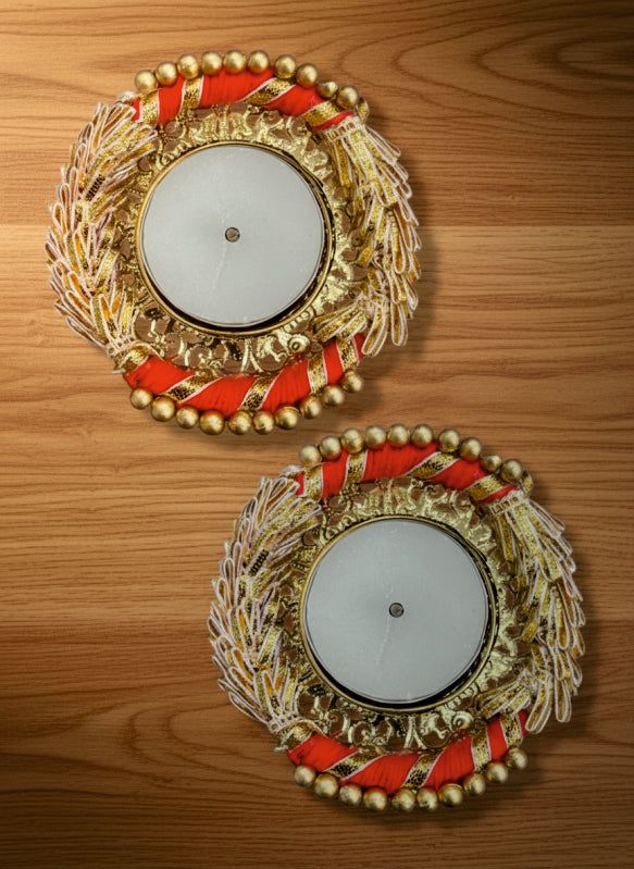Smaran Red Gota Patti Lace Tealight Holder Set of 2 – Handmade Decorative Candle Holder Pair with Traditional Gota Patti Embellishments for Diwali, Navratri, Weddings, Pooja Room