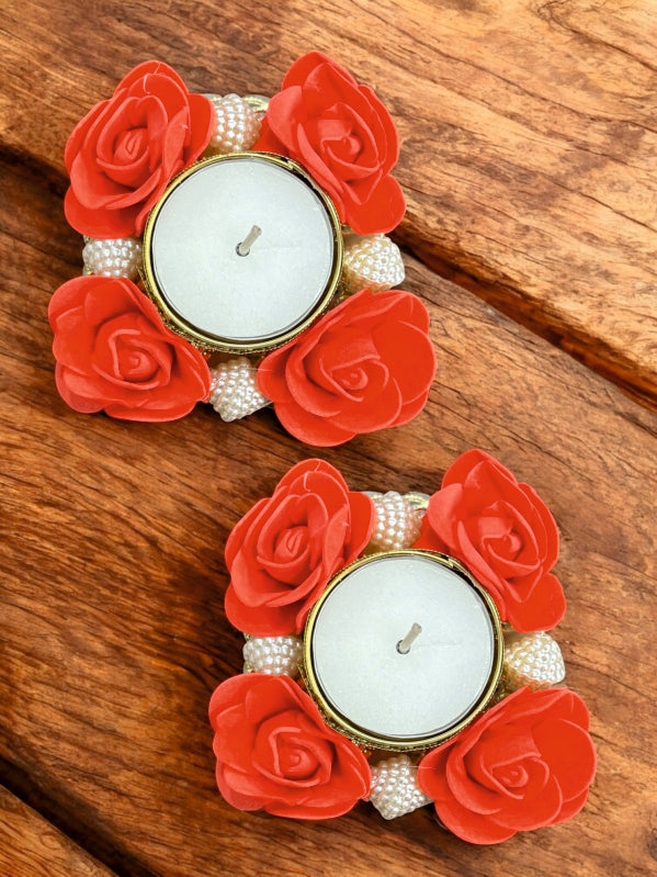 Smaran Handmade Elegant Candle Holder Set of 2 for Festivals, Weddings, Pooja Room & Home Décor, Traditional Indian Decorative Tealight Candle Set (4-Rose Pearl Tealight Holder)